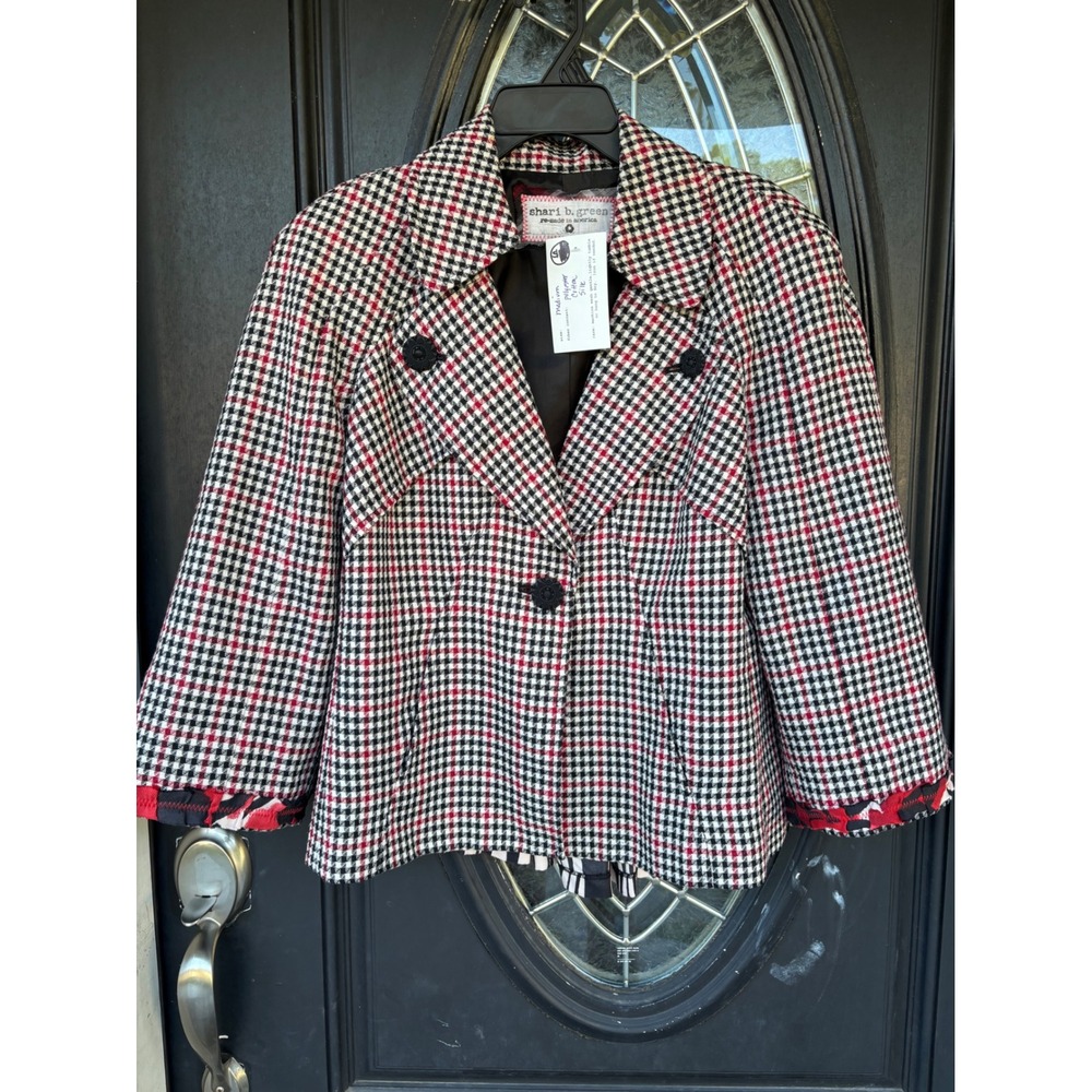 Shari B Green Red Black Houndstooth Blazer Ruffle Cuff Silk Blend Medium NEW
